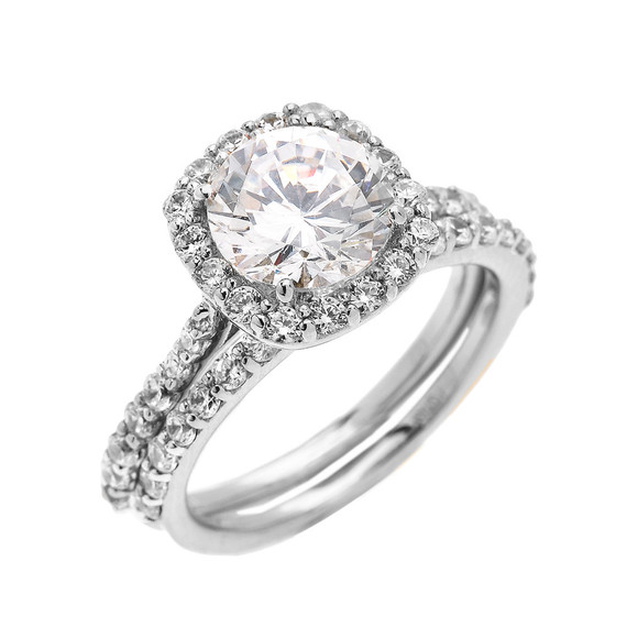 White Gold 3 Carat Cubic Zirconia Halo Engagement Band Ring Set stacked
