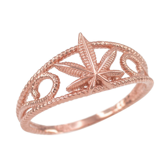 Women's Rose Gold Textured Filigree Weed Marijuana Leaf Ring