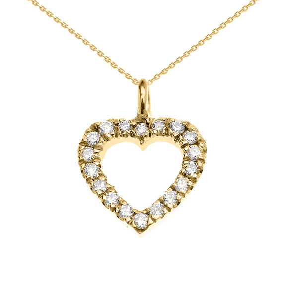 14k Yellow Gold Open Heart  Diamond Dainty Charm Pendant Necklace