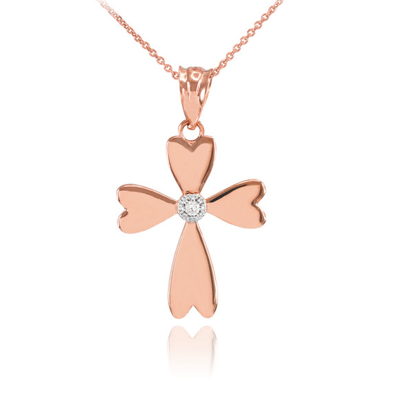 Rose Gold Solitaire Diamond Heart Cross Charm Pendant Necklace