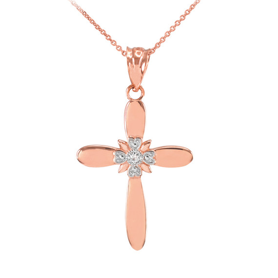 Rose Gold Diamond Accent Solitaire Cross Pendant Necklace