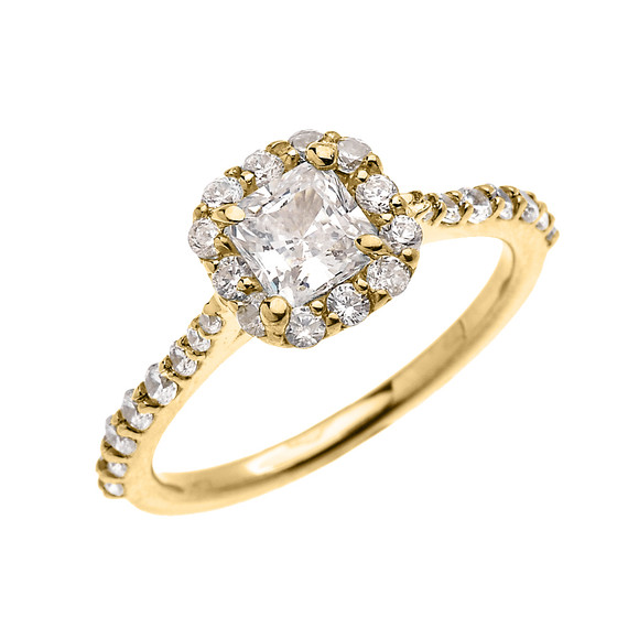 Gold Dainty 1 Carat Princess Cut CZ Halo Solitaire Ring