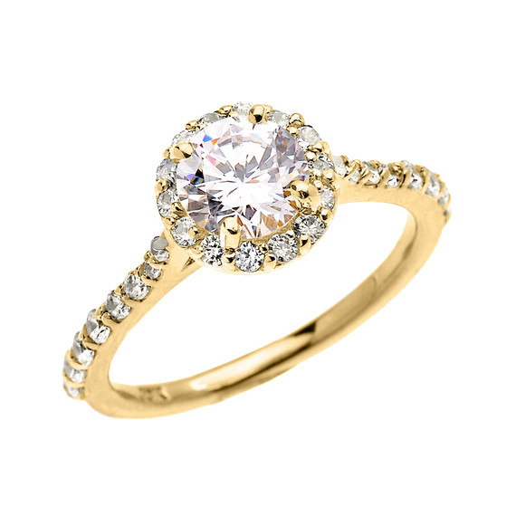 1.5 Carat Round CZ Halo Engagement Ring in Yellow Gold