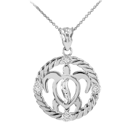 White Gold Roped Circle Diamond-Accented Hawaiian Honu Turtle Pendant Necklace
