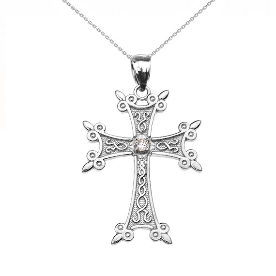 White Gold Elegant Armenian Cross CZ Pendant