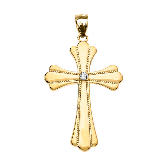 Yellow Gold Solitaire Diamond High Polish Milgrain Cross Pendant Necklace (Medium)