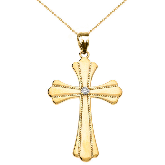 Yellow Gold Solitaire Diamond High Polish Milgrain Cross Pendant Necklace (Medium)