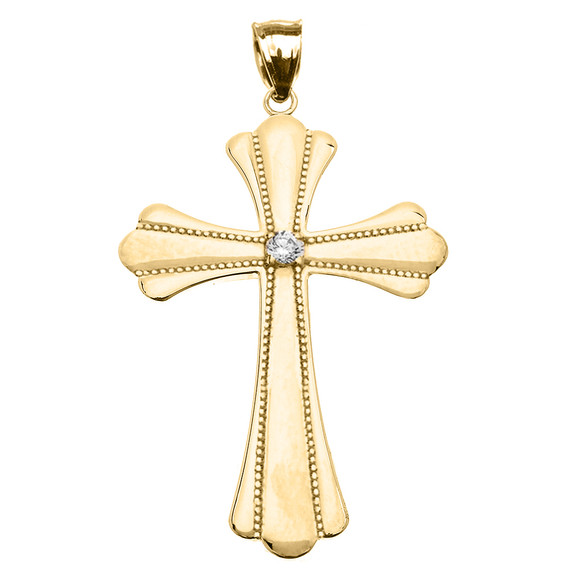 Yellow Gold Solitaire Diamond High Polish Milgrain Cross Pendant Necklace (Large)