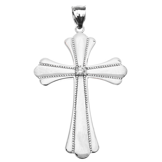White Gold Solitaire Diamond High Polish Milgrain Cross Pendant Necklace (Large)