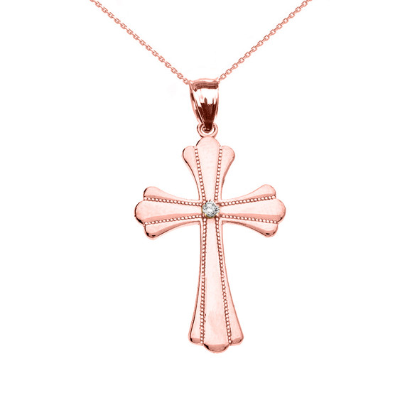 Rose Gold Solitaire Cubic Zirconia High Polish Milgrain Cross Pendant Necklace