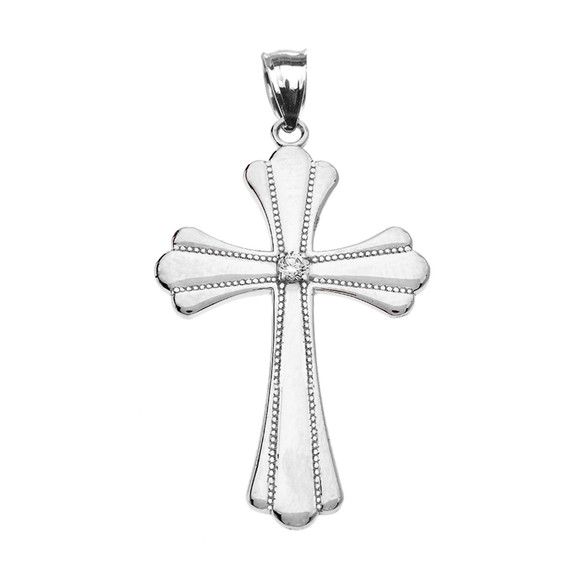 White  Gold Solitaire Cubic Zirconia High Polish Milgrain Cross Pendant Necklace (Medium)