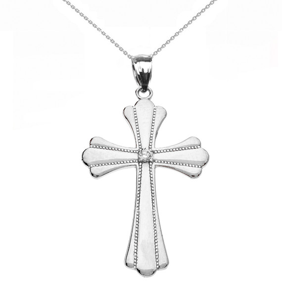 White  Gold Solitaire Cubic Zirconia High Polish Milgrain Cross Pendant Necklace (Medium)