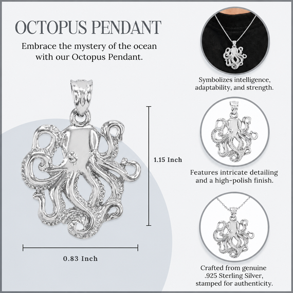 .925 Sterling Silver Octopus Ocean Pendant Necklace