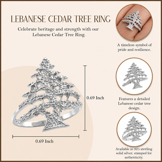 Sterling Silver Textured Band Lebanese Cedar Tree Women's Ring