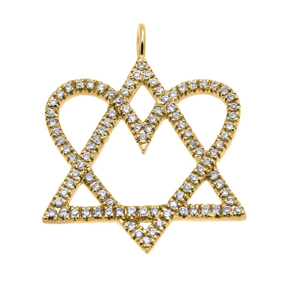 14k Yellow Gold Jewish Star of David Heart with Diamonds Pendant Necklace