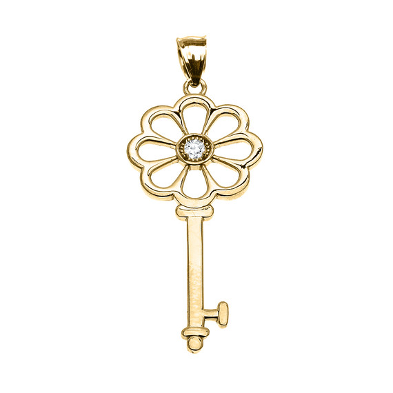 Yellow Gold Solitaire Diamond Flower Key Pendant Necklace