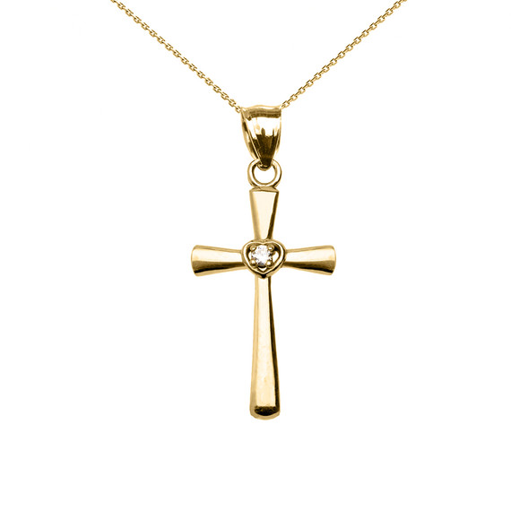 Yellow Gold Solitaire Diamond Heart  Cross Pendant Necklace