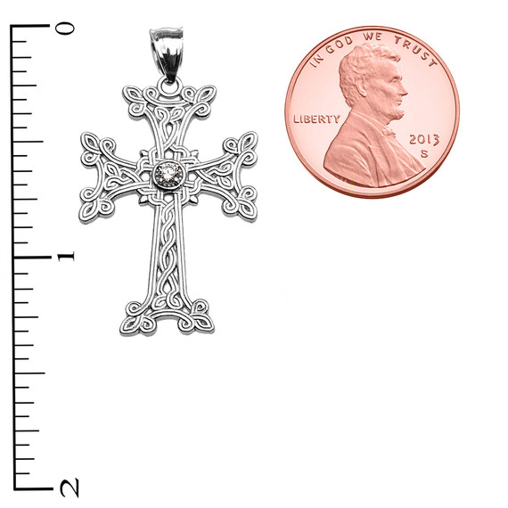 White Gold Armenian Cross Solitaire Cubic Zirconia Pendant Necklace