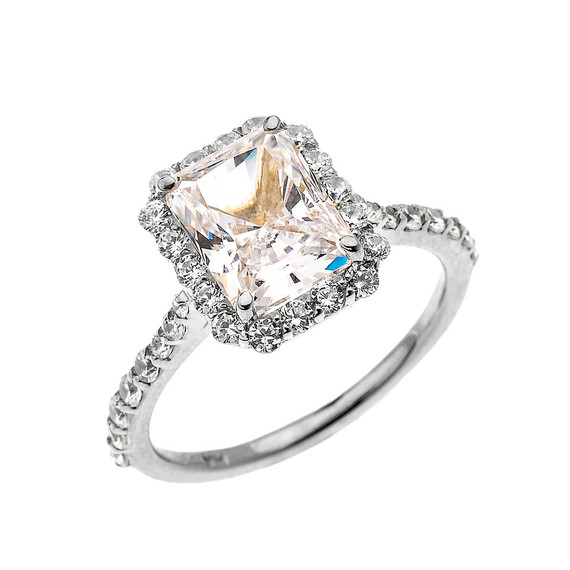 White Gold Dainty 2 Carat Emerald Cut CZ Halo Solitaire Ring