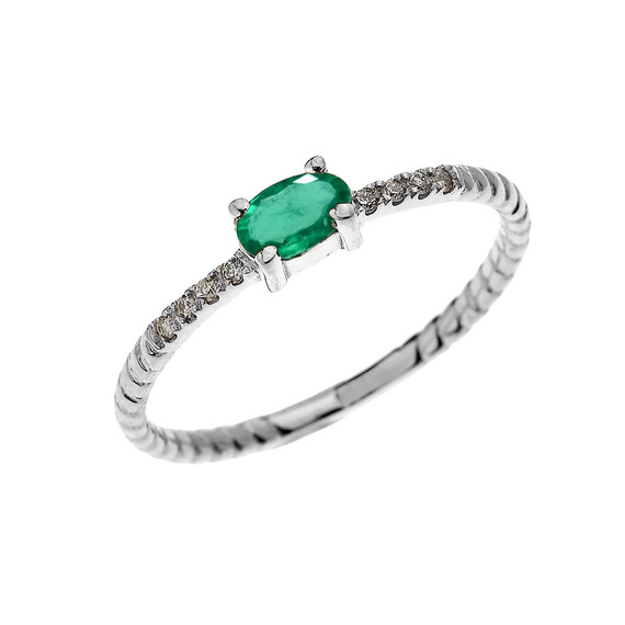 White Gold Dainty Solitaire Oval Emerald and Diamond Rope Design Engagement/Proposal/Stackable Ring