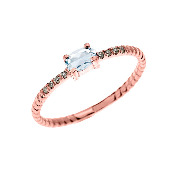 Rose Gold Dainty Solitaire Oval Aquamarine and Diamond Rope Design Engagement/Proposal/Stackable Ring
