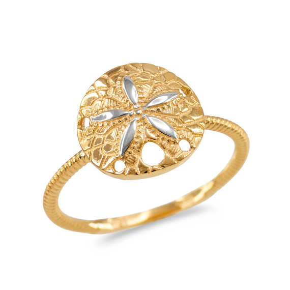 Two-Tone White and Yellow Gold Twisted Rope Band Sand Dollar Ring