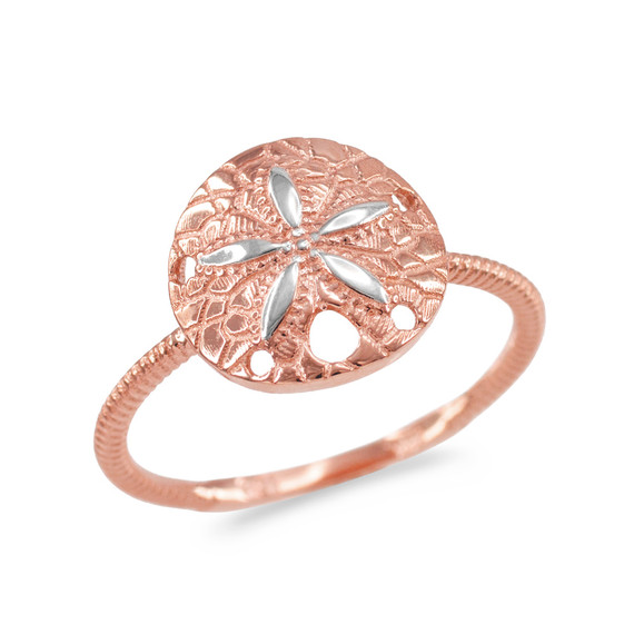 Two-Tone Rose and White Gold Twisted Rope Band Sand Dollar Ring