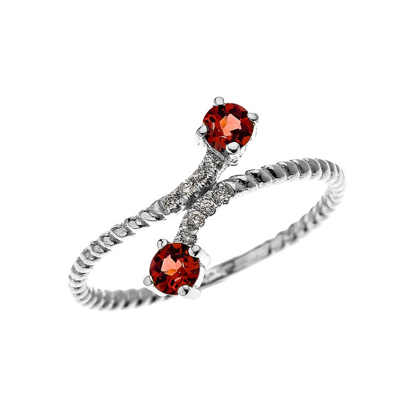 White Gold Dainty Two Stone Garnet and Diamond Rope Design Promise Ring