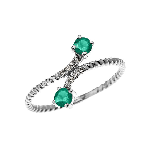 White Gold Dainty Two Stone Emerald and Diamond Rope Design Promise Ring