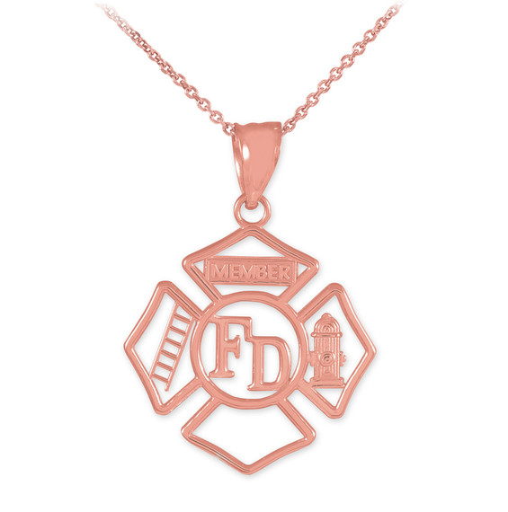 Rose Gold FD Open Badge Firefighter Pendant Necklace