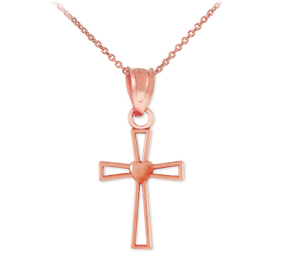 Rose Gold Heart Cross Charm Pendant Necklace