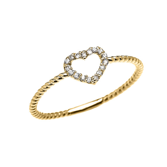 Gold Dainty Open Heart Diamond Rope Design Promise/Stackable Ring