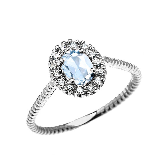 White Gold Dainty Halo Diamond and Oval Aquamarine Solitaire Rope Design Engagement/Promise Ring