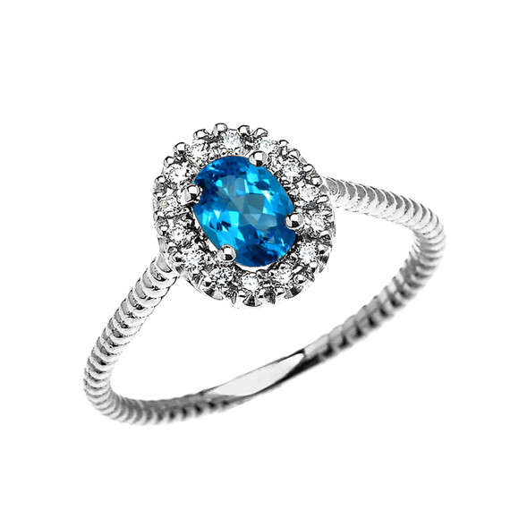 White Gold Dainty Halo Diamond and Oval Blue Topaz Solitaire Rope Design Engagement/Promise Ring