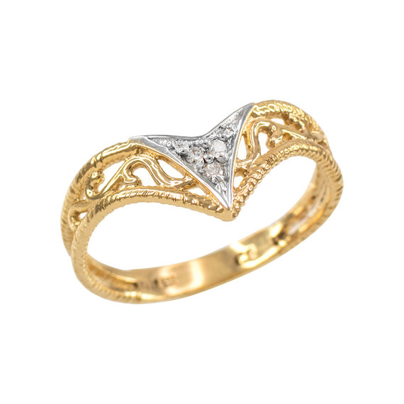 Fine Gold Filigree Chevron Diamond Ring for Women
