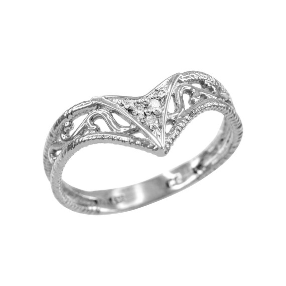 Fine 925 Sterling Silver Filigree Chevron CZ Ring for Women