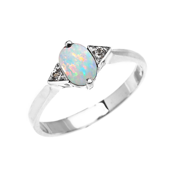 White Gold Solitaire Oval Opal and White Topaz Engagement/Promise Ring