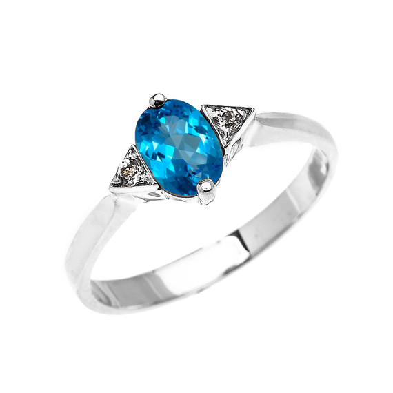 White Gold Solitaire Oval Blue Topaz and White Topaz Engagement/Promise Ring