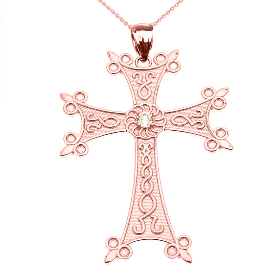 Rose Gold Elegant Armenian Cross with Eternity Diamond Pendant Necklace (Large)