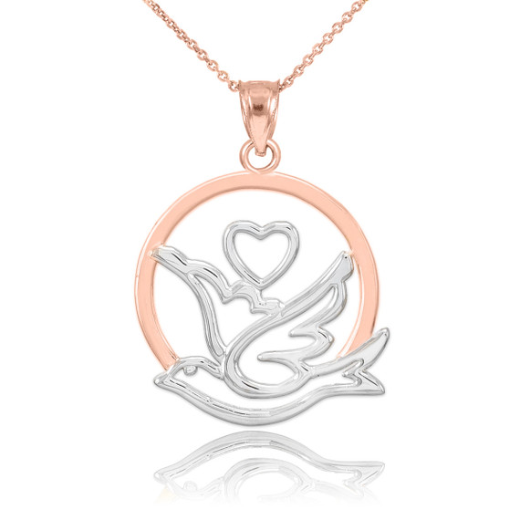Gold Love Dove with Heart Pendant Necklace(Available in Yellow/Rose/White/Two-Tone)