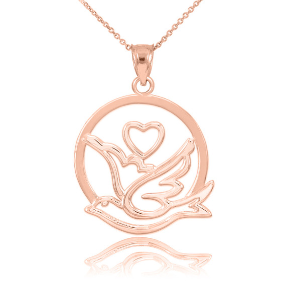 Gold Love Dove with Heart Pendant Necklace(Available in Yellow/Rose/White/Two-Tone)