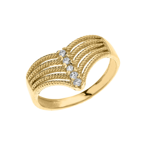 Yellow Gold Modern Chevron 5 Stone Diamond Rope Design Ring