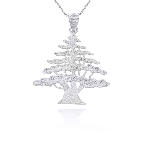 White Gold Lebanese Cedar Tree Pendant Necklace