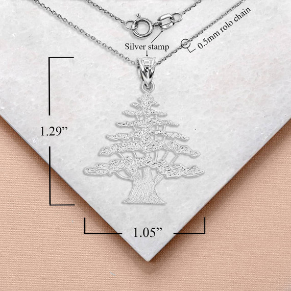 Silver Lebanese Cedar Tree Pendant Necklace with Measurement