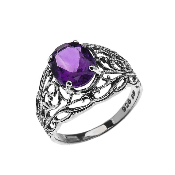 Sterling Silver Modern Filigree Design Genuine Amethyst Ladies Ring