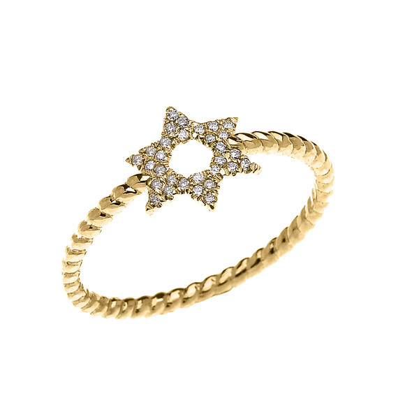 Yellow Gold Dainty Star of David Diamond Rope Design Ring