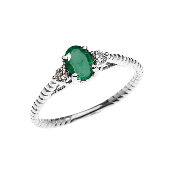 Dainty White Gold Emerald Solitaire Rope Design Engagement/Promise Ring