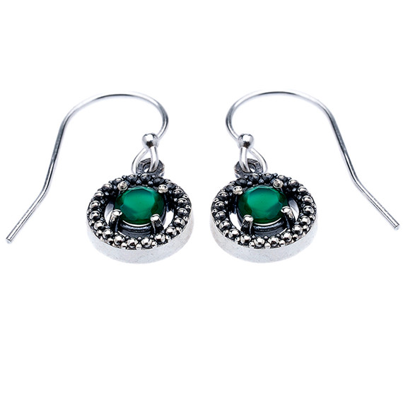 Sterling Silver Round Green Agate Dangling Earrings