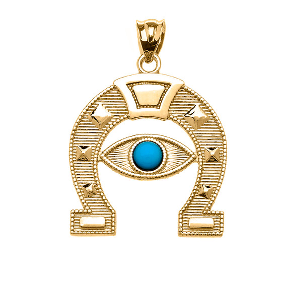 Yellow Gold Evil Eye Protection Horse Shoe Good luck Pedant Necklace