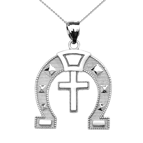 White Gold Religious Cross Horse Shoe Good luck Pedant Necklace